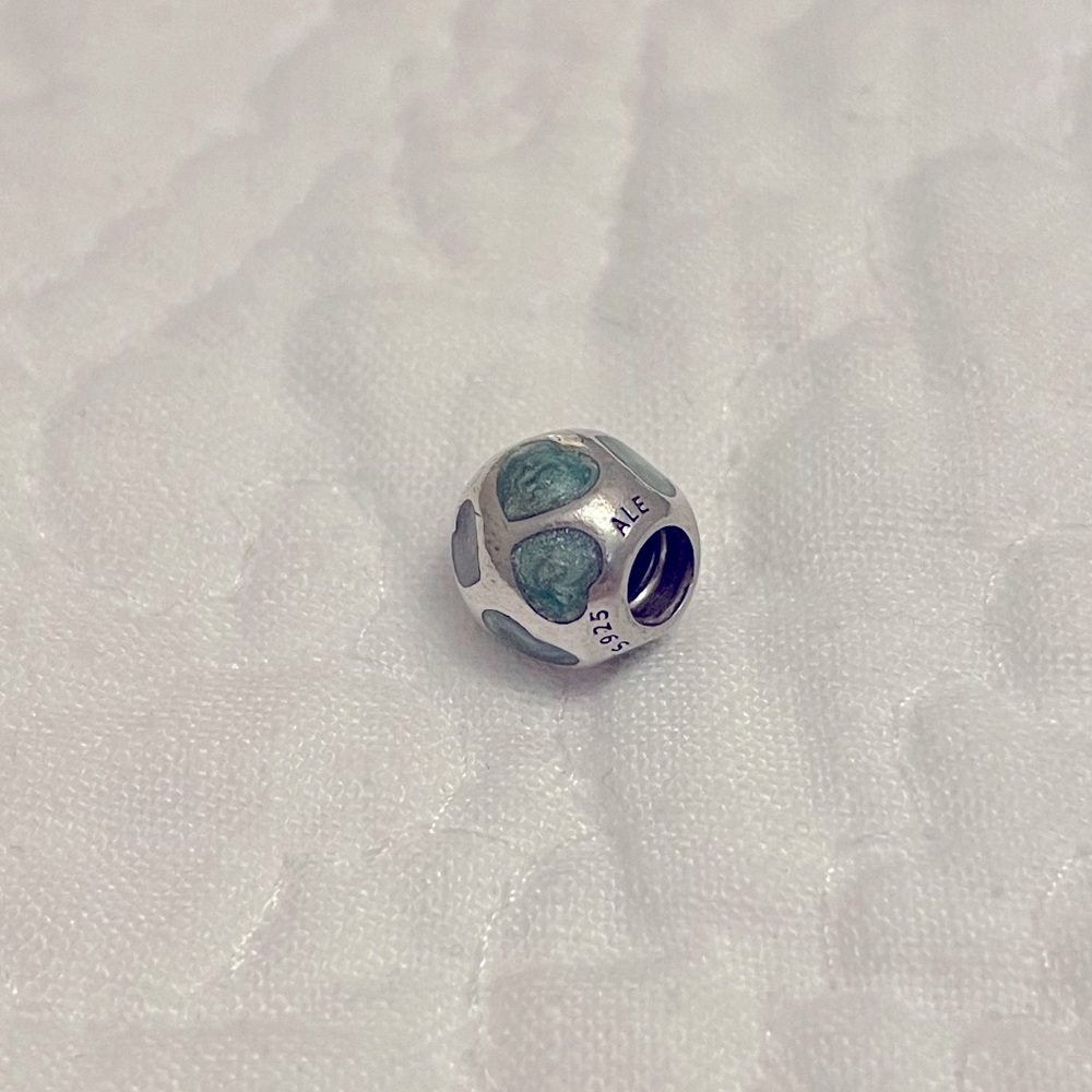 Pandora Round Charm with Teal Hearts